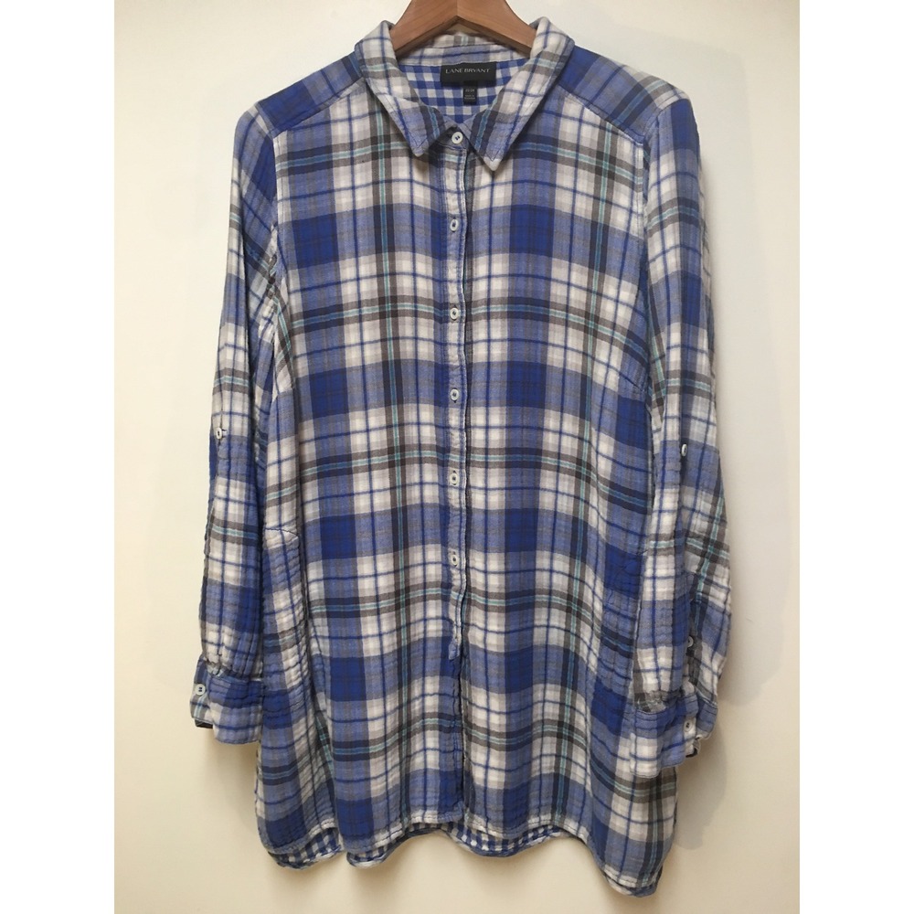 Lane Bryant Plaid Button Down Tunic Womens 22/24 Blue Gauze Roll Tab Pockets